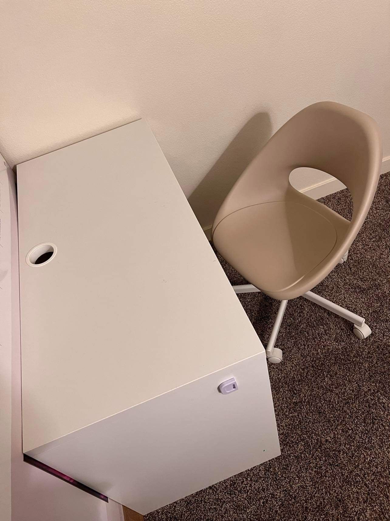 IKEA MICKE Desk, white &  Swivel chair, light tan 