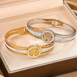 Exquisite Life Tree Mosaic Rhinestone Bangle - 18K Gold Plated Stainless Steel Jewelry with Fashion Style - Perfect Holiday Gift for Women