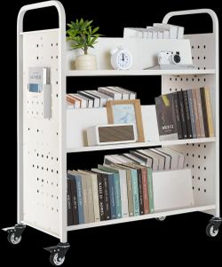 Vevor Rolling Book Cart Double Sided W-Shaped Shelves Lockable Wheels 330 lb. Capacity New