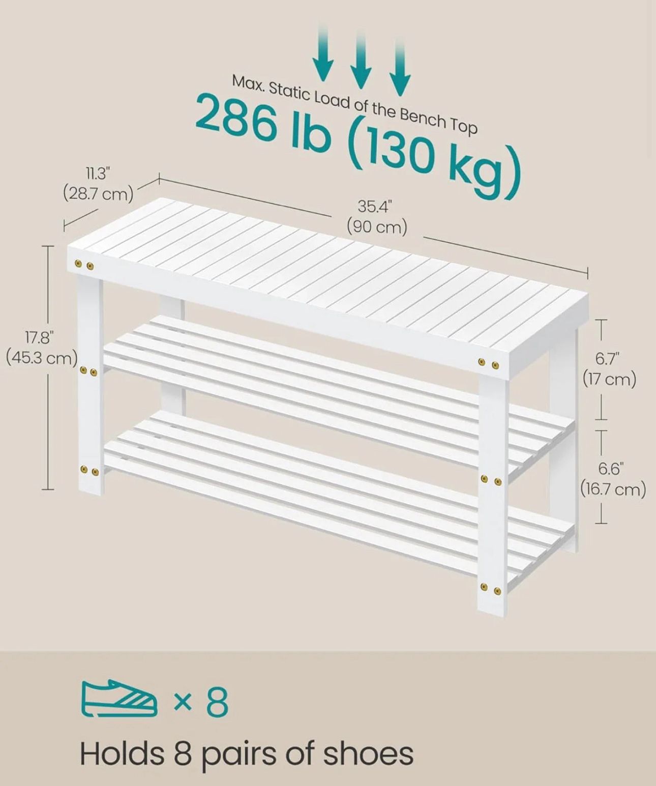 SONGMICS 35.4" Shoe Rack Bench 3-Tier Bamboo Storage Organizer Entryway Bench - White