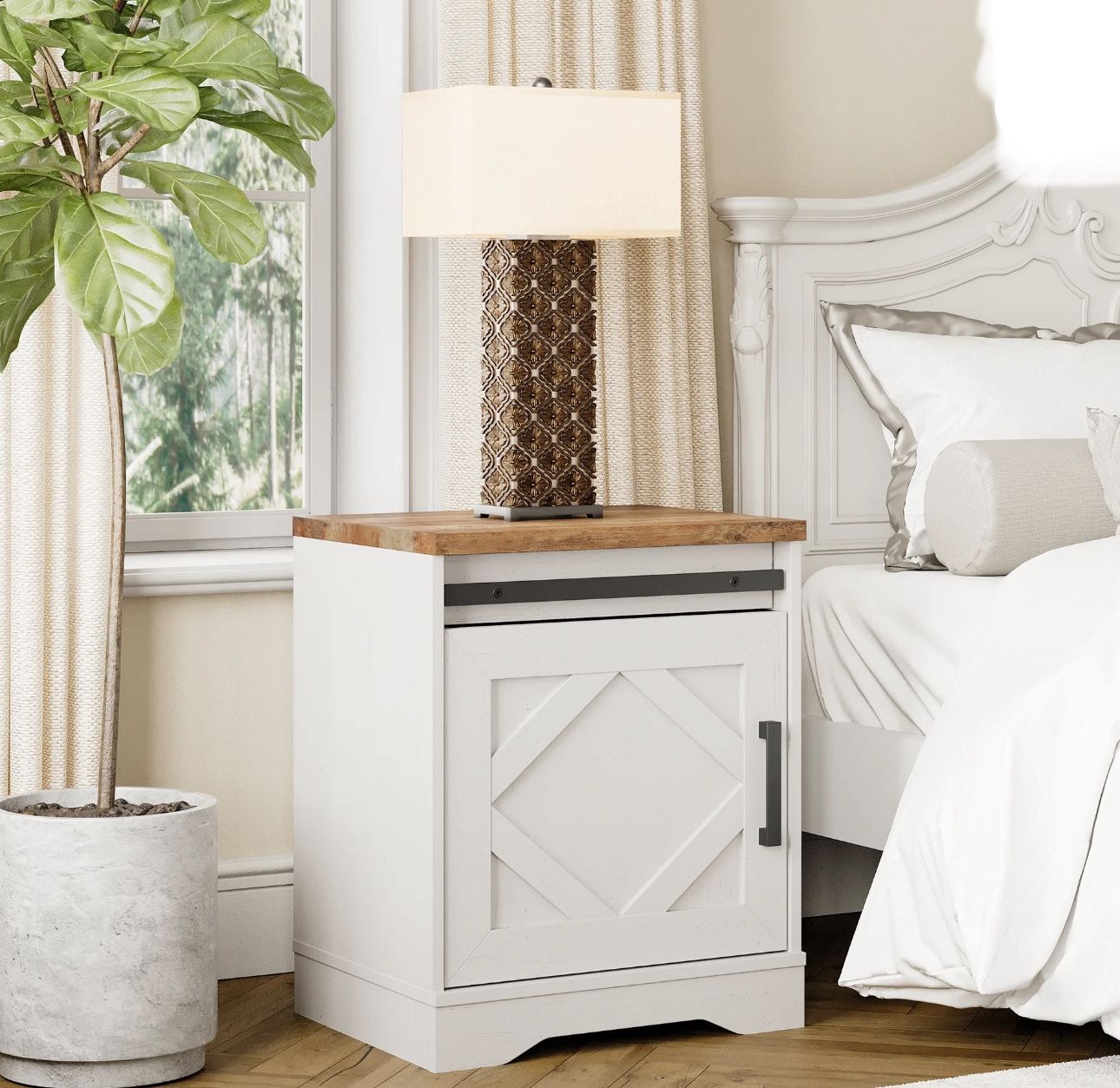 End Table, Pedestal Side Table and Cabinet Wood Bedside Table Nightstands, Cream White, New in Box