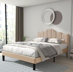 Beige Upholstered Platform Bed Frame