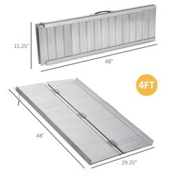 HOMCOM Wheelchair Ramp 4FT, Foldable Aluminum Threshold Ramp with Non-Slip Surface and Handle, 600lbs Weight Capacity, Suitcase Handicap Ramp for Home