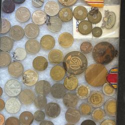 Coins Some Old Some New All Foreign,ww2 Medals And Old Bus Tokens From LA And NYC