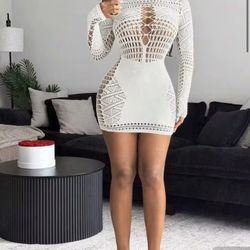 Fashionable Sexy Solid Color Hollow Out Bodycon Mini Dress One Size Fits All 
