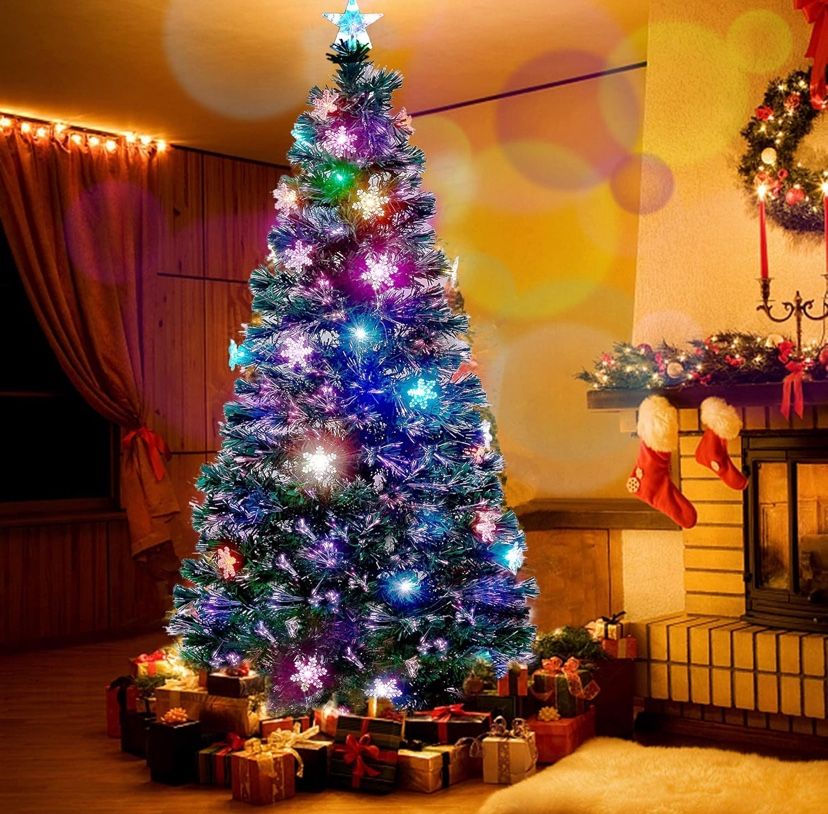 Juegoal 7 ft Pre-Lit Optical Fiber Christmas Artificial Tree, with LED RGB Color Changing Led Lights, Snowflakes and Top Star, Festive Party Holiday F