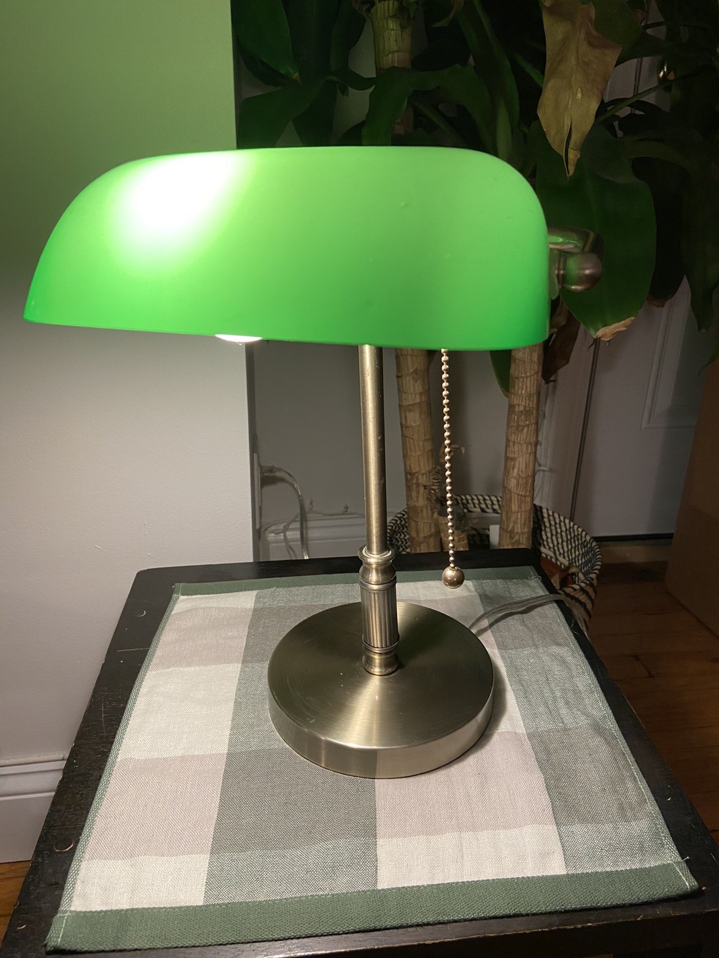 Traditional Banker’s Desk Lamp, Brass Base with Green Shade, 14” High