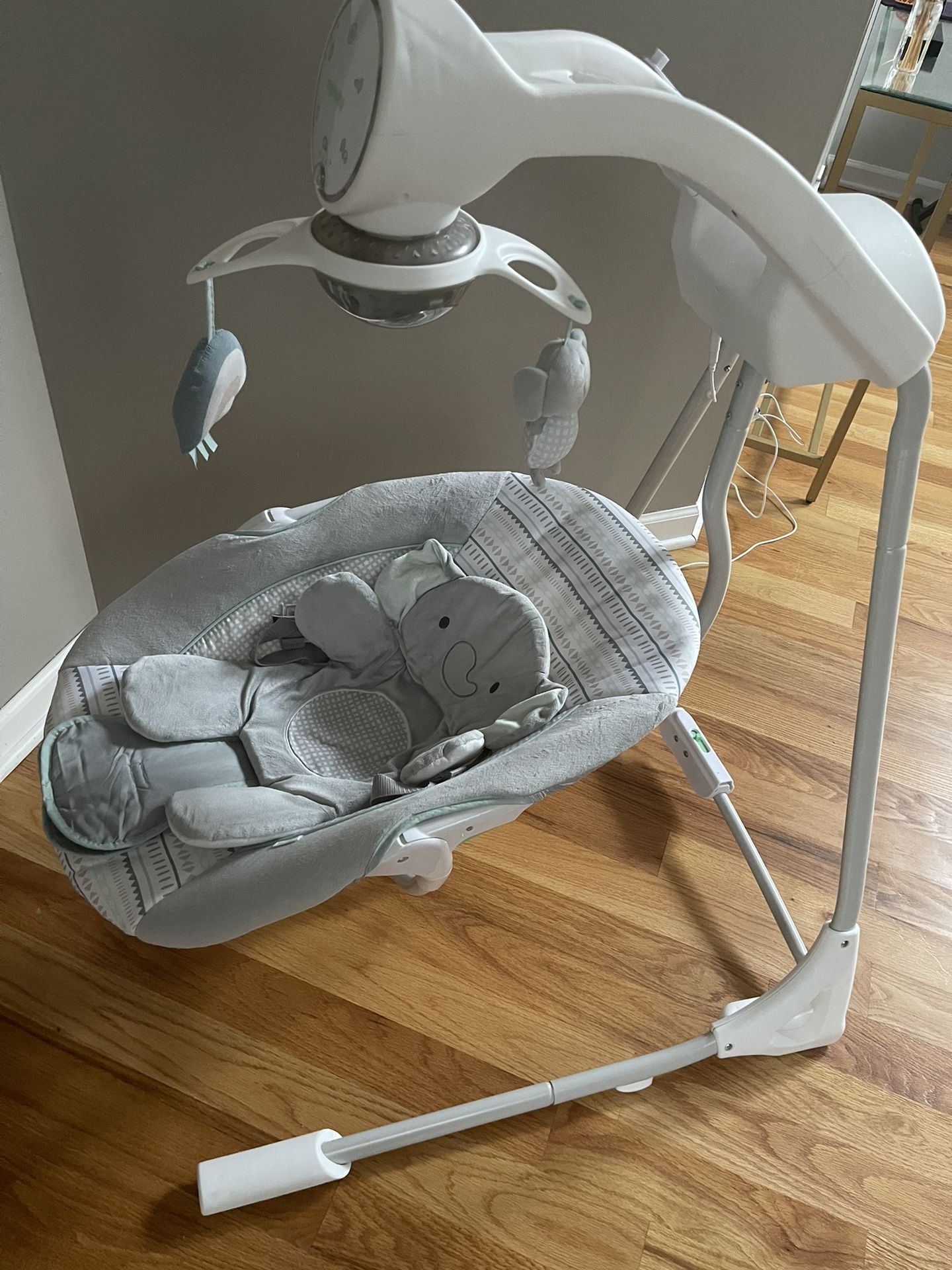 Ingenuity InLighten 5-Speed Baby Swing - Swivel Infant Seat, 5 Point Safety Harness, Nature Sounds, Lights - Van Elephant