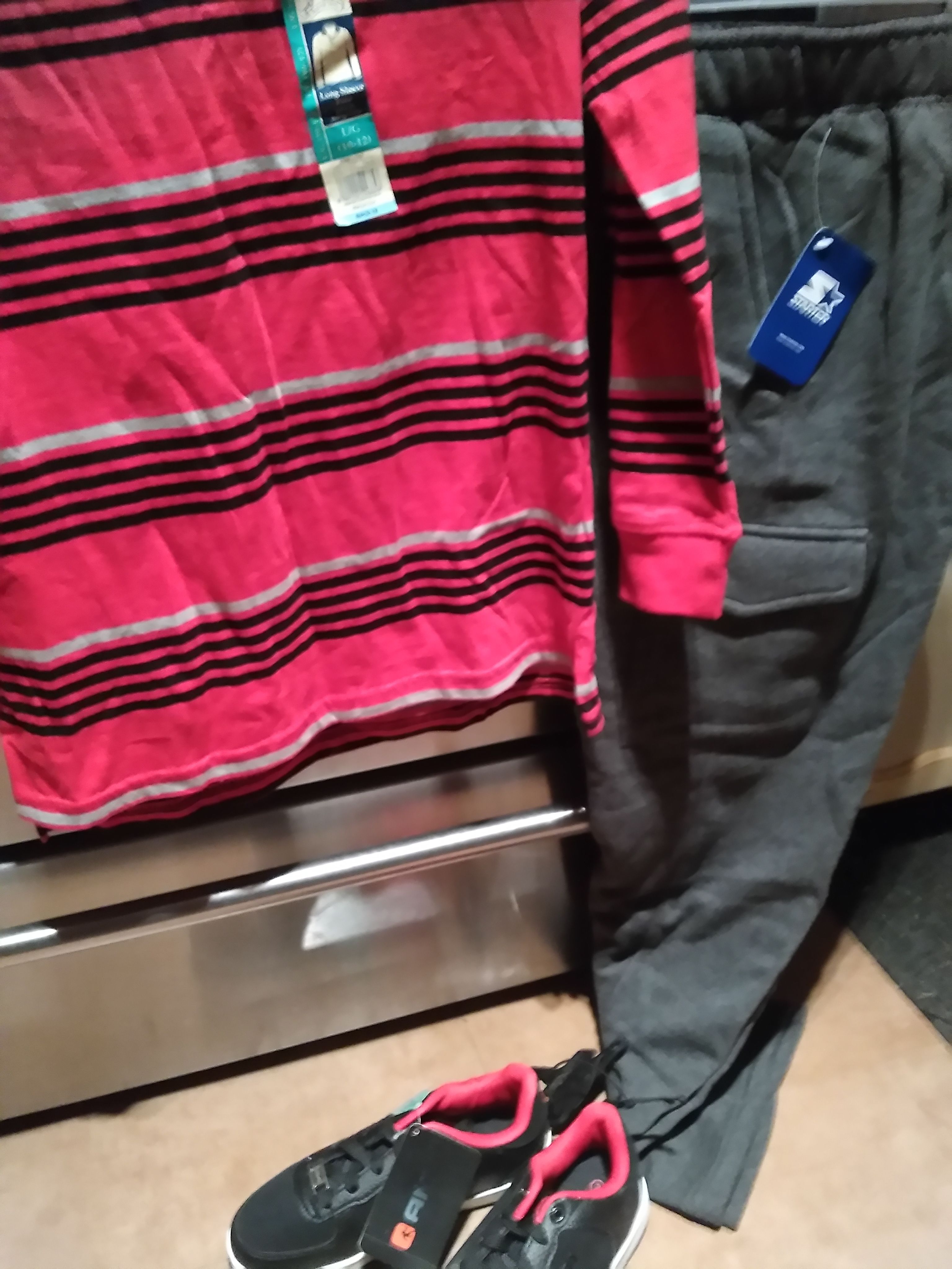 Stripe shirt, Gray sweats,Red and Black And 1 sneakers