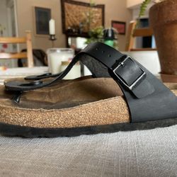 Birkenstock Womens Black Vegan Gizeh Birko Flor Cork Footbed Sandals Size: 7.0 - 7.5 U.S. / 38 EUR