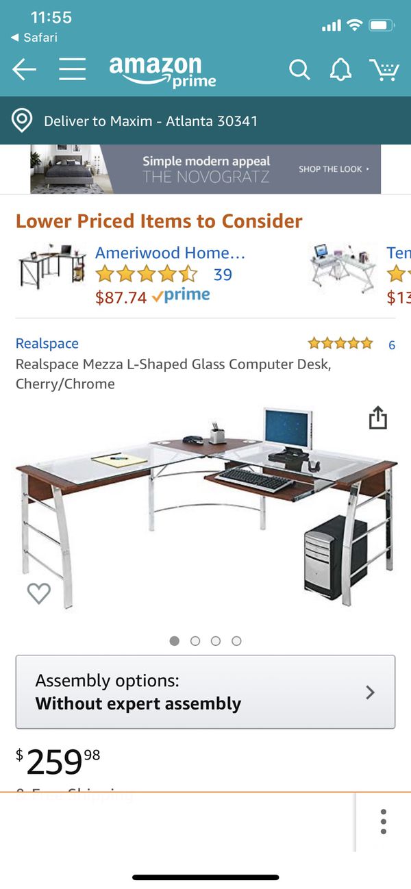 Realspace Mezza L Shaped Glass Computer Desk Cherry Chrome Used
