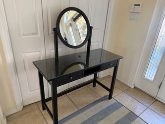 Black Vanity Table with Round Mirror