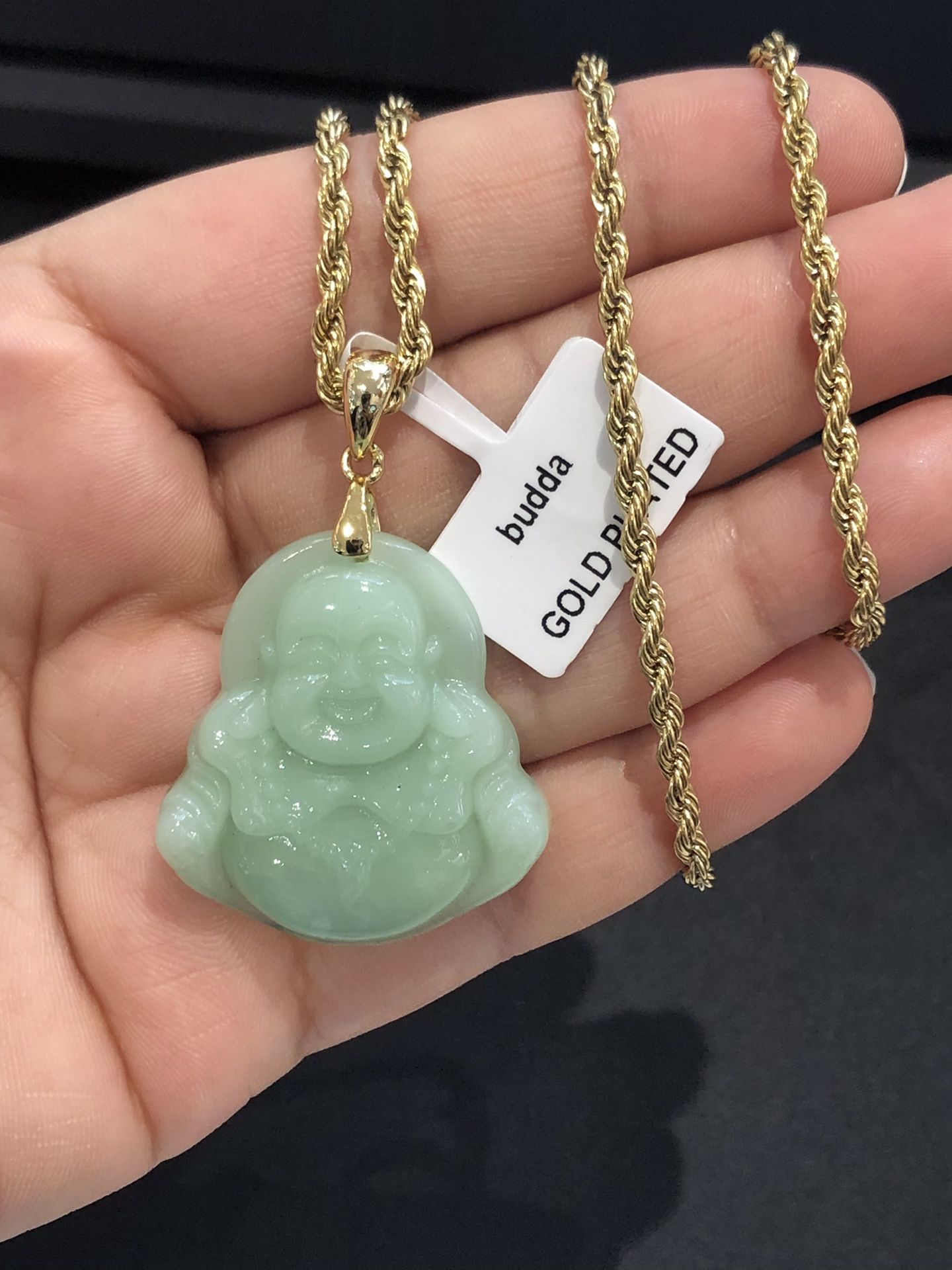 Brand new 14k gold finish Beautiful Green laughing Buddha pendant