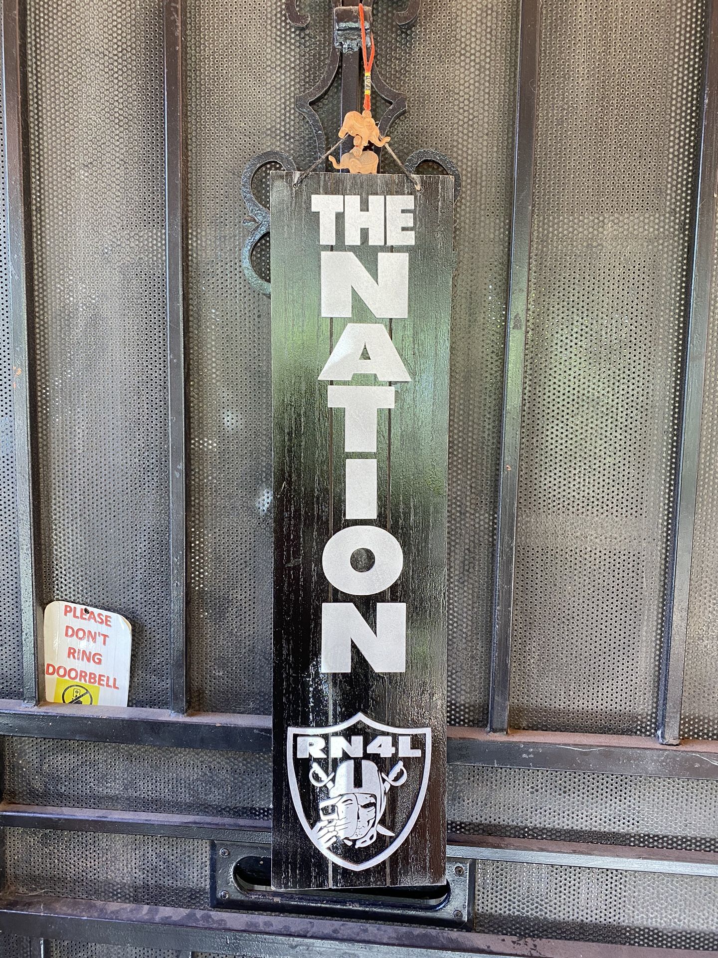 Oakland | Las Vegas Raiders Nation |RN4L Door Hanger Decoration Wood Football Gift For Dad, Silver And Black Yard Decoration
