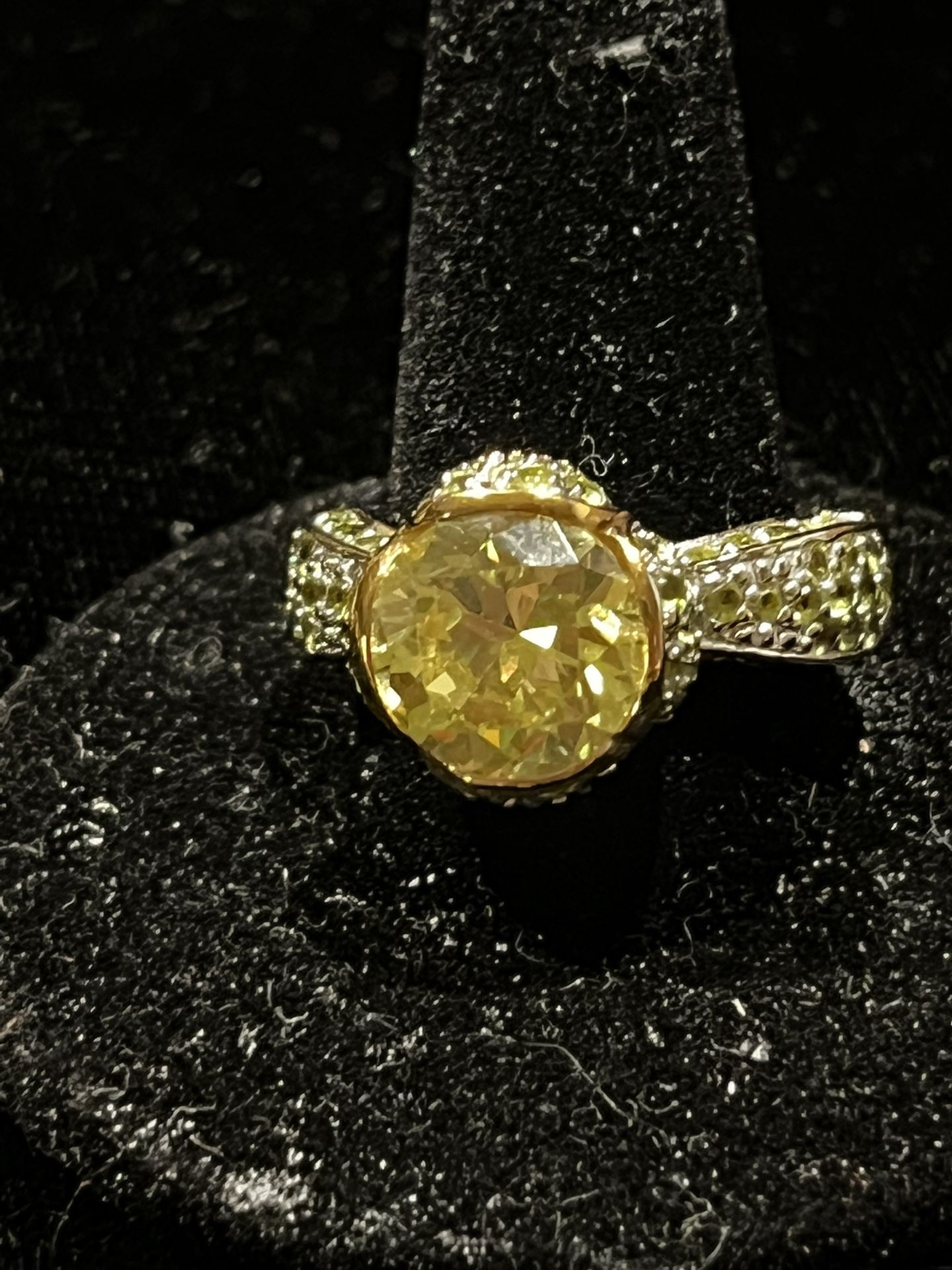 Yellow Green Stone With Cz Paved Into Gold & Silver Ring 