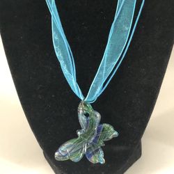 Glass Butterfly Pendant Necklace Blues & Green With Turquoise Cord & Ribbon