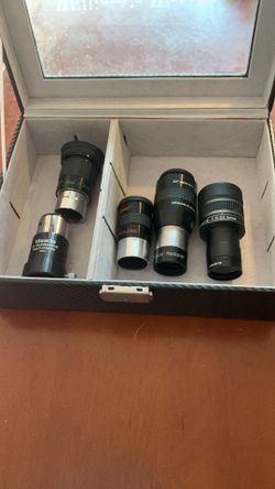 Five telescope eyepieces, one filter and one focal reducer