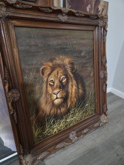 Large African Lion Oil On Canvas Painting