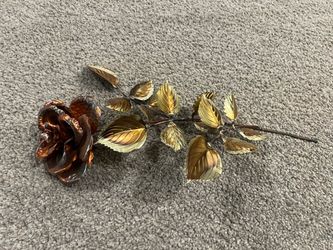 Vintage Homco Copper Brass 14” Long Stem Rose with Leaves, 3D Metal Wall Art