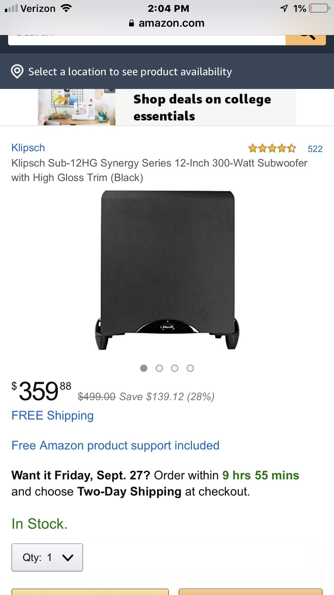 Klipsch 12” 300w/650w surround sound subwoofer