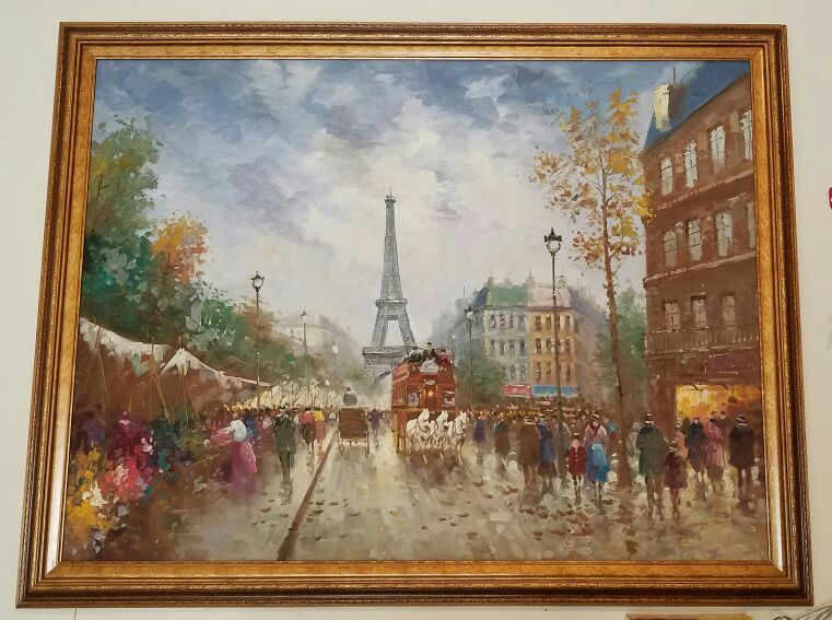 MAX TAYLOR, OIL ON CANVAS, EIFLE TOWER, PARIS STREET SCENE