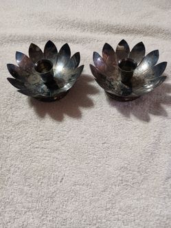 2 Vintage Leonard Silver-Plated Lotus Flower Candlestick Holder