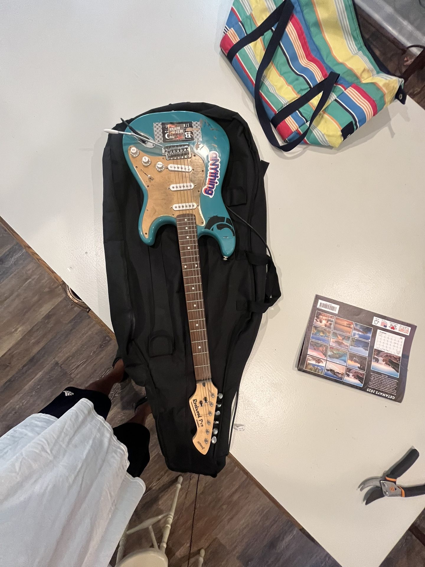 Rockwood Pro by Hohner RP150G electric guitar w/ Ibanez Amp IBZ10B & soft guitar case. Guitar works but has stickers and writing on it from previous