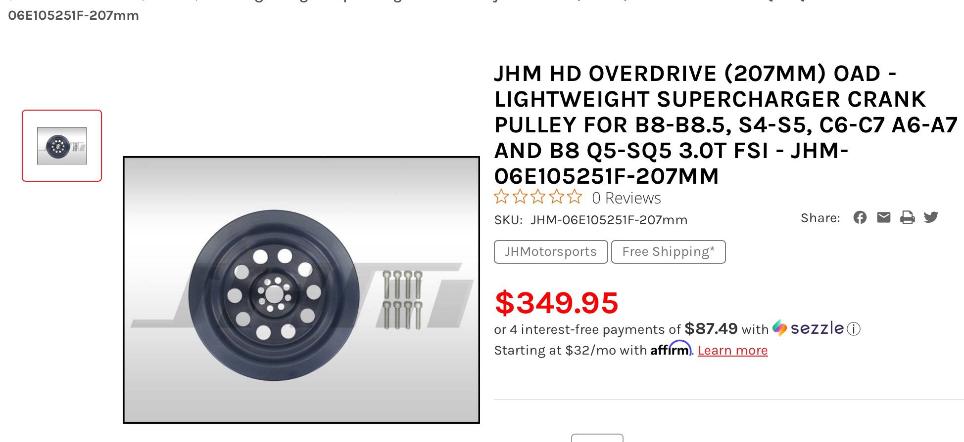 JHM 207MM HD OVERDRIVE Lightweight Crank Pulley for the 3.0T FSI!!!