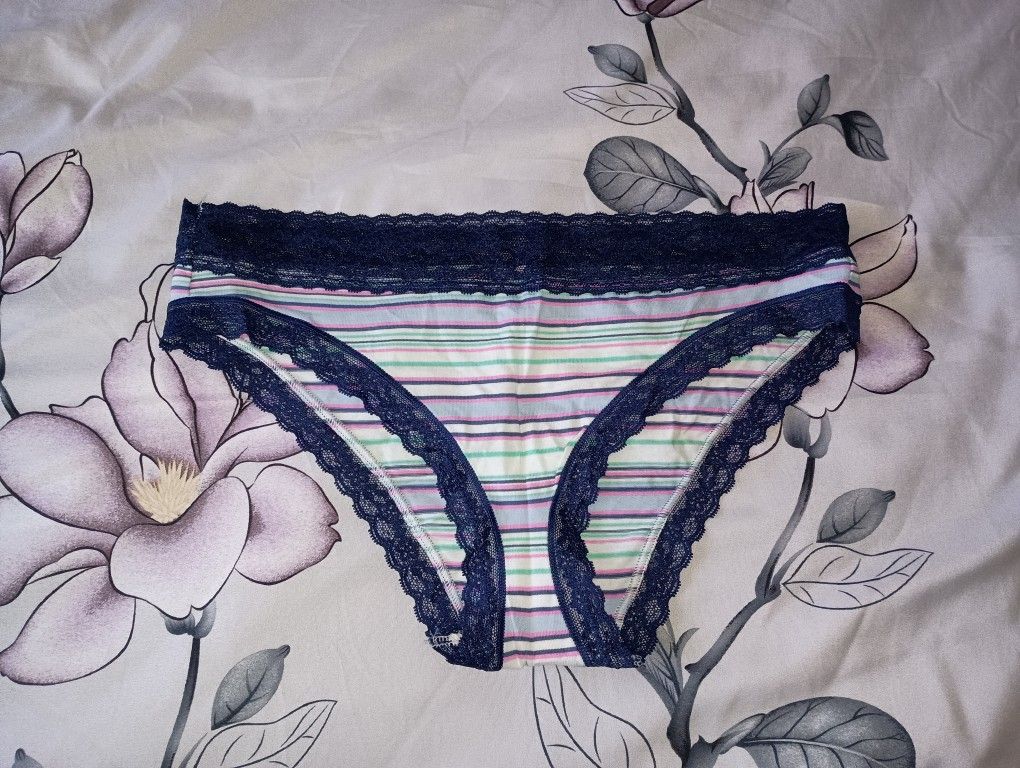 NWT Victoria's Secret Lace Trim Bikini Briefs in Navy and Pastel Stripes Medium