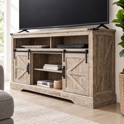 Light Rustic Oak TV Stand Living Room Hub Fits TV's up to 70 in. with Sliding Barn Doors and Adjustable Shelves