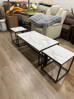 Set of 3,Sintered Stone Coffee Table with Black Metal Frame and 2 Solid Marble Coffee Table Sofa Side End Bedside Nightstand Furniture