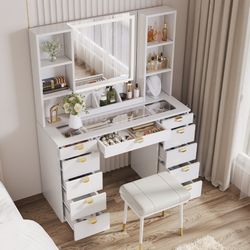 Makeup Vanity Desk Stool Set with 11 Drawers &LED Lighted Mirror & USB Power Outlet