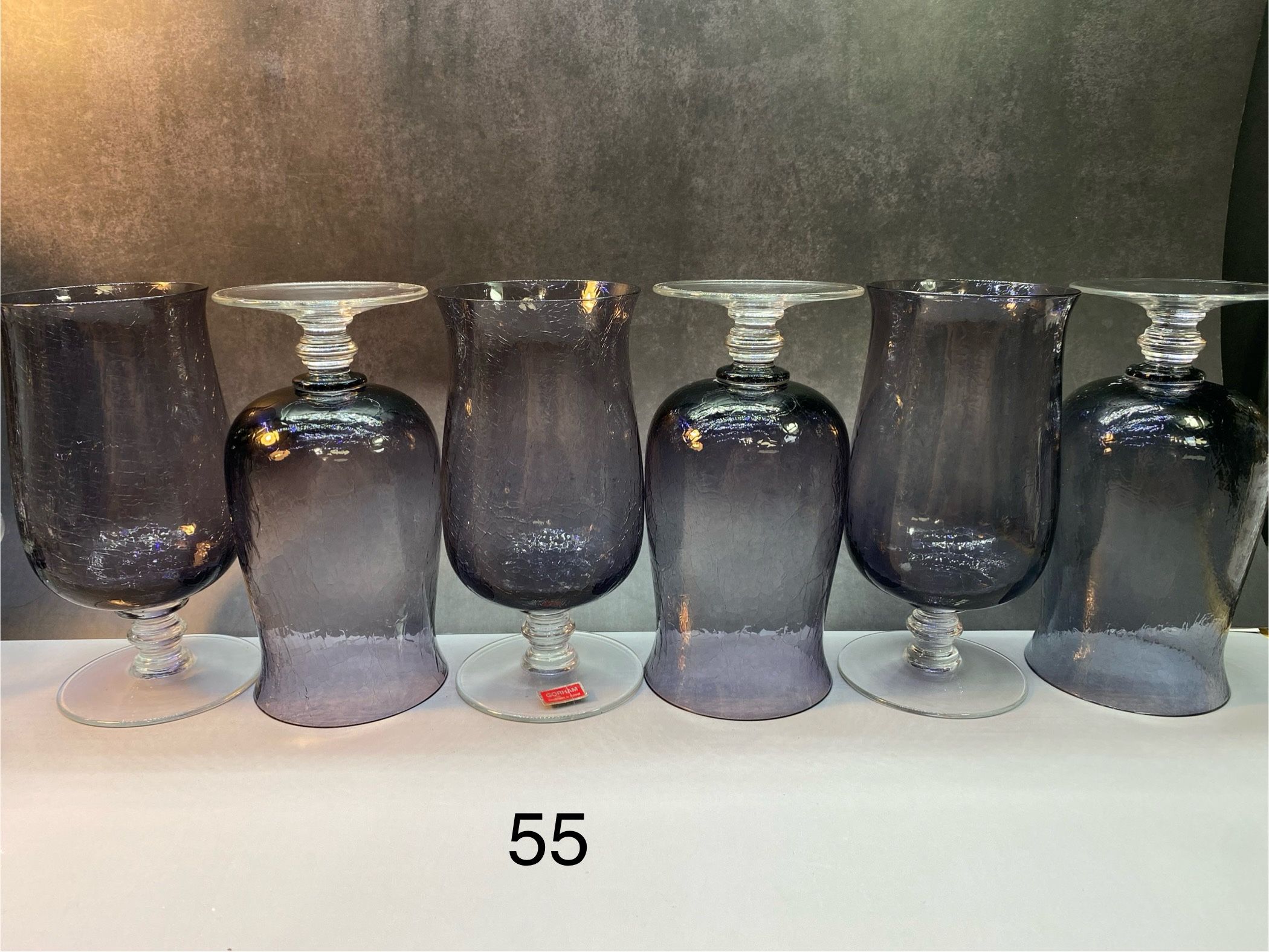 Set of (6) Beautiful Vintage Gotham Purple Amethyst Mid-Century Modern Crackle Glass Water Goblets , dating 1960s or 1970s. The "crackle" effect is ac