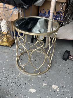Round Metal Accent Side Table with Mirrored Top - Light Gold