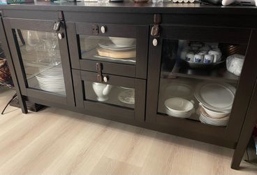 Dark Brown Wood Sideboard with Glass Doors