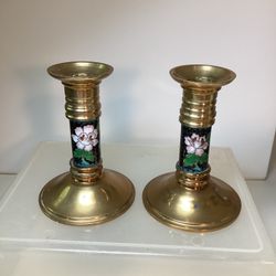 Set Of 2 Vintage Mid-Century Cloisonne Enamel Brass Candlesticks 