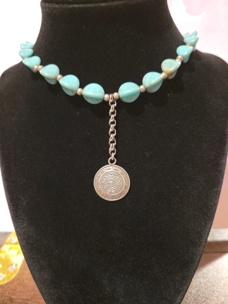 Sterling Silver Mayan Sun Mexican Calendar Coin Medal Pendant Turquoise Necklace 17"Choker  F9