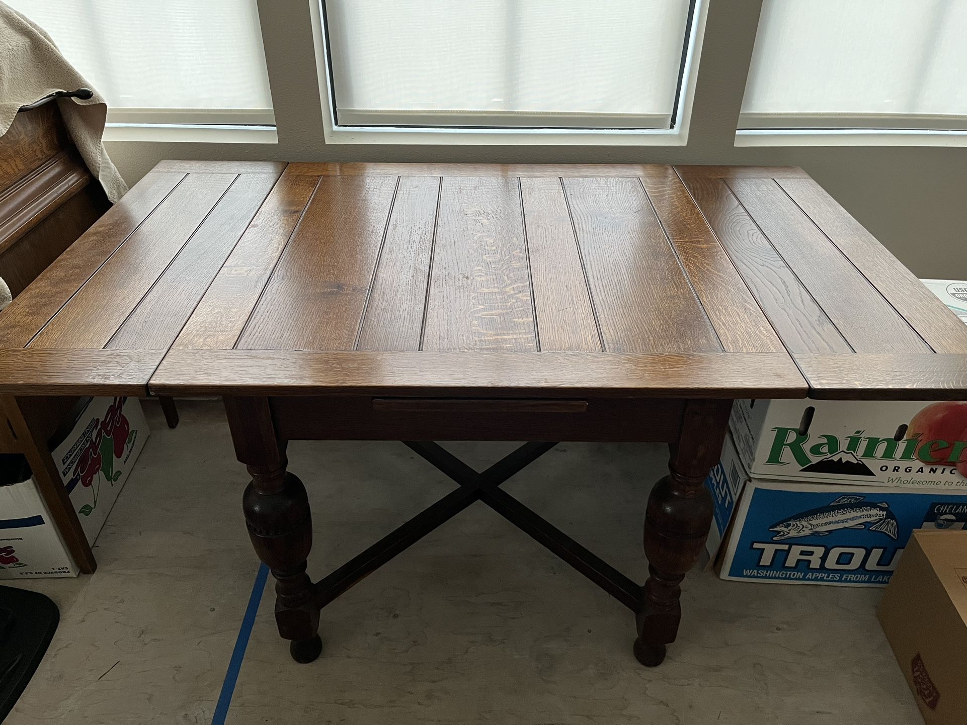 Antique English Oak Draw Leaf Table And Chairs