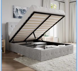 Full Size Lift Up Storage Bed/Button Tufted Wingback Headboard/Hydraulic Storage/Upholstered Platform Bed Frame/No Box Spring Needed/Wood Slats Suppor