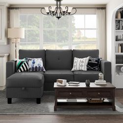 76" Convertible Sectional Sofa Couch,Dark Gray Corduroy Fabric L-Shaped Modular Upholstered Sofa with Storage Ottoman,Comfy Couches with Side Storage 