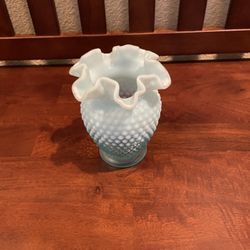 Fenton Glass Small Blue Opalescent Hobnail Vase 