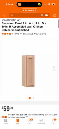Hampton Bay. Recessed Panel 9 in. W × 12 in. D x 30 in. H Assembled Wall Kitchen Cabinet in Unfinish $40