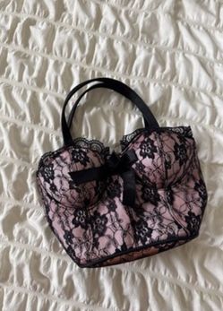 vintage Y2K black lace pink corset clutch purse cash only