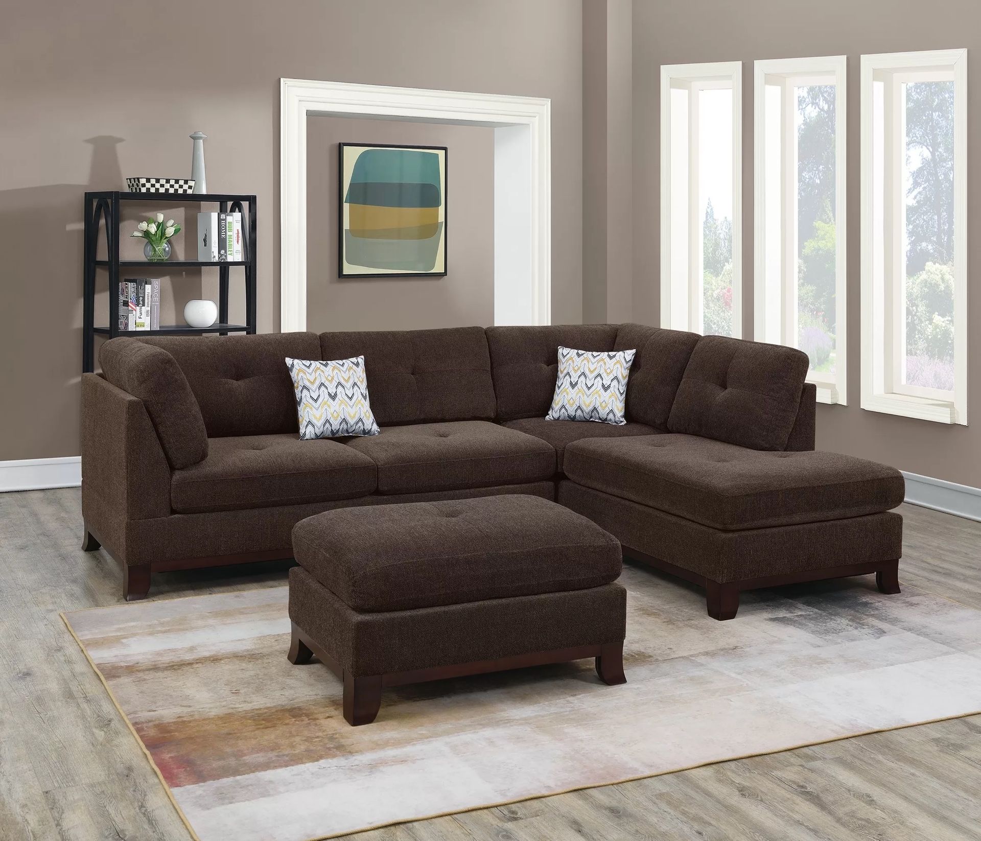 BROWN REVERSIBLE CHAISE SECTIONAL WITH OTTOMAN