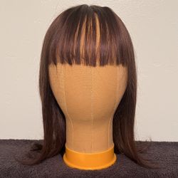 15 Inch Long Real Human Hair Topper with Bangs for Women with Thinning Hair on Top, Clip In Wiglet Hairpiece with Large Base, Medium Brown Color *NEW*