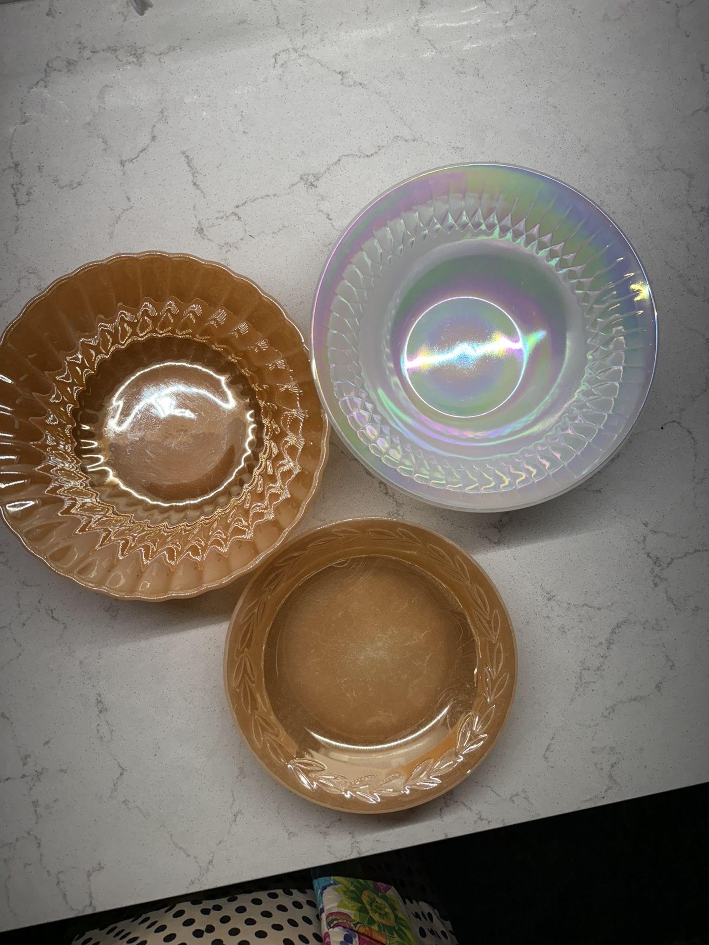 3 Fire King Bowls 2 Peach And 1 White Iridescent 