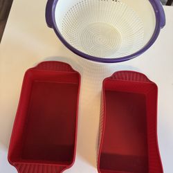 Two Silicone Baking Loaf Pans, And Strainer