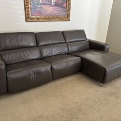 9 1/2 Foot Grey/brown Leather Couch With Automatic Recliner 