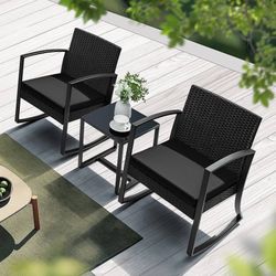 New 3-Piece Resin Outdoor Patio Furniture Set, Patio Rocking Chair Set with Cushions and Table for Porch, Poolside, Balcony and Yard (White)  New in b