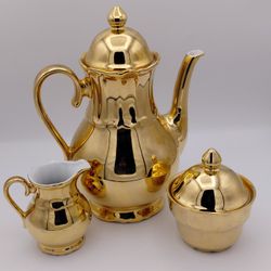 Beautiful Vintage Golden Porcelain Teapot, Sugar & Creamer Made In Bavaria 